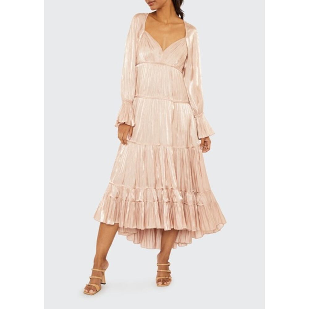 SIZE 2 CINQ À SEPT Nina Satin Tiered Long Sleeve Maxi Dress In Travertine